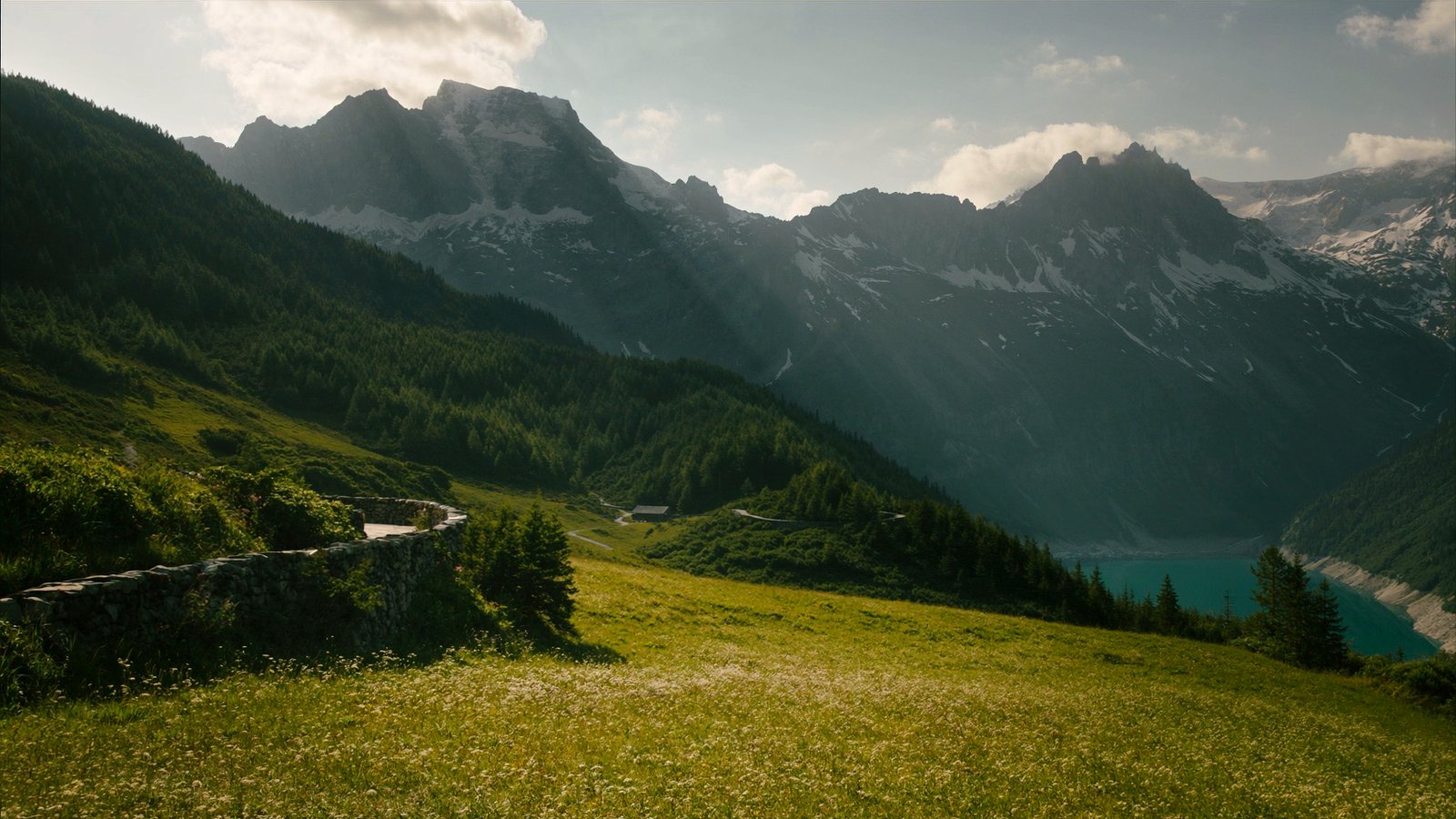 Lush green alpine valley in summer
