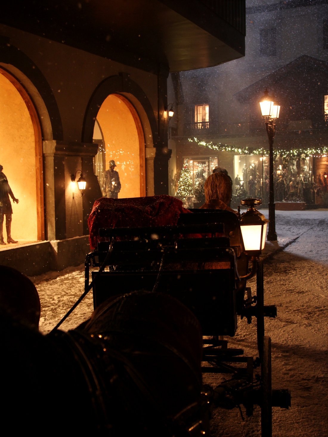 A horse-drawn sleigh on Megève's snowy cobblestones