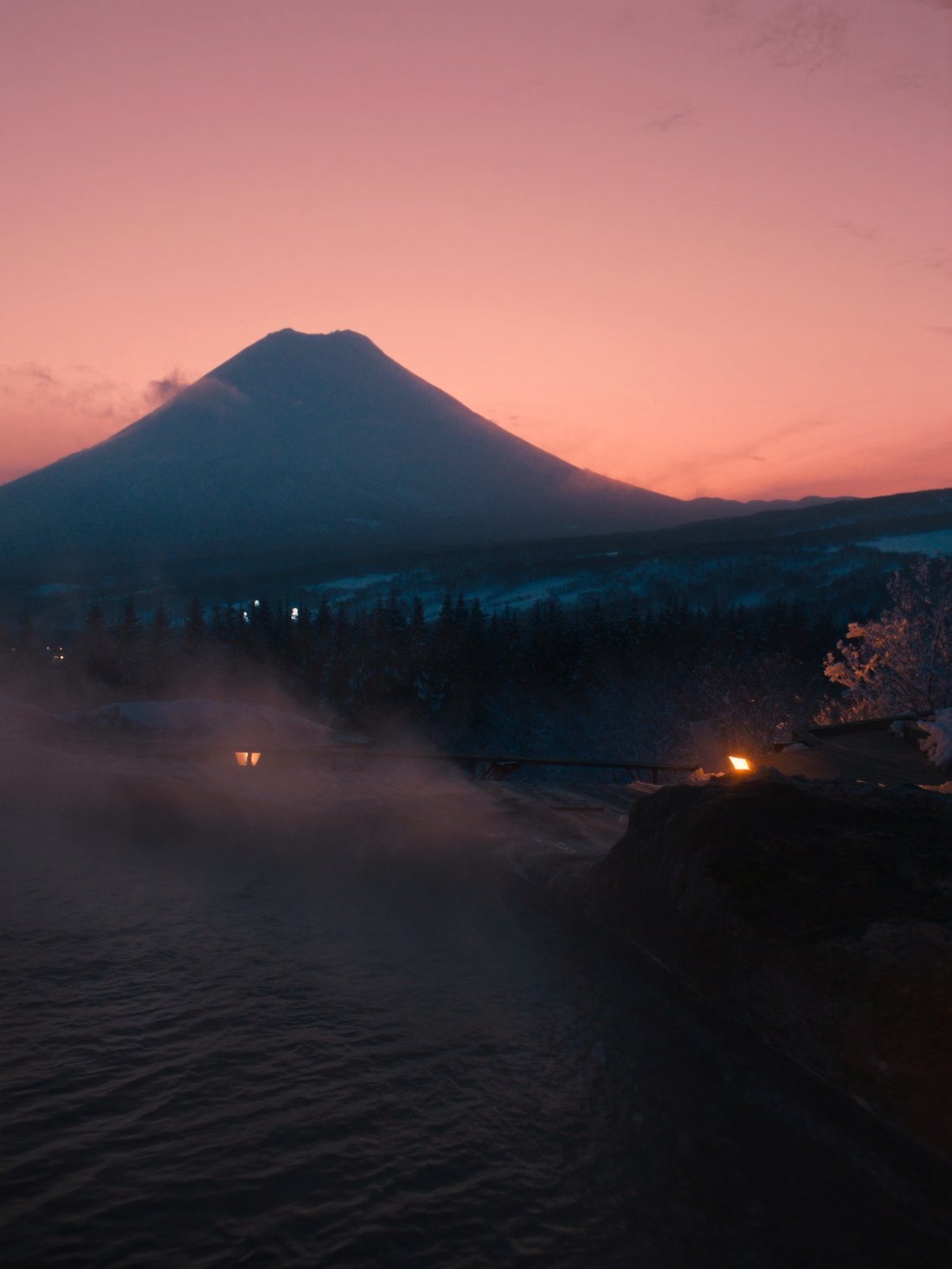 Mount Yotei glowing pink at dusk