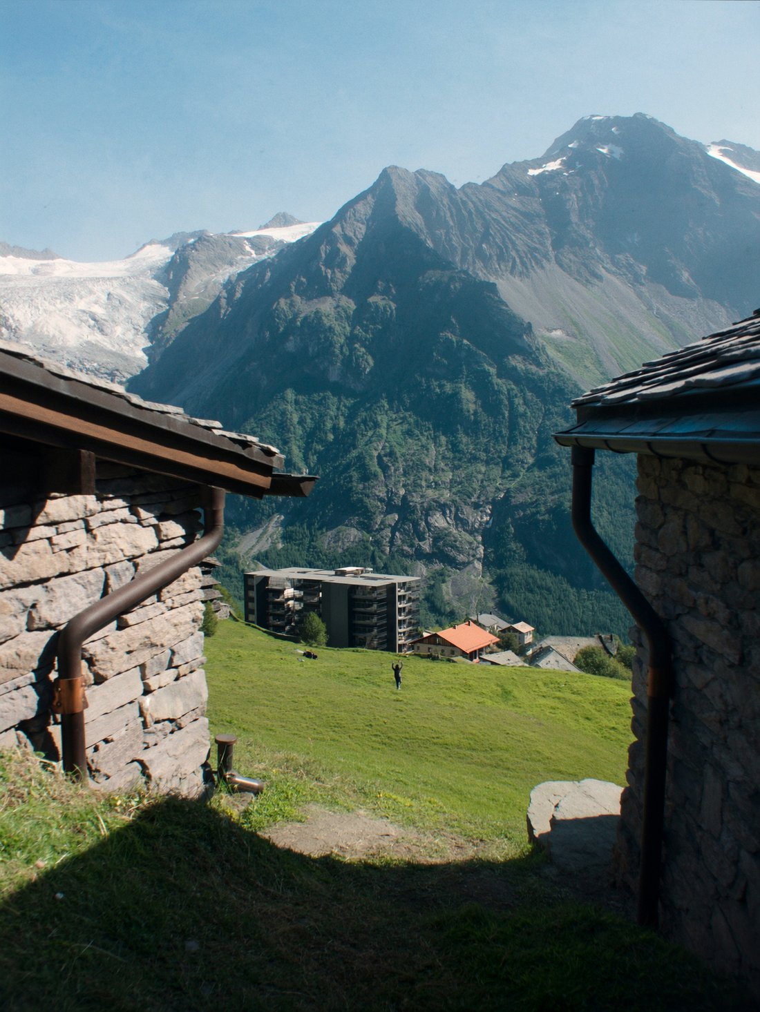 Saas-Fee's car-free village in summer beneath glaciers