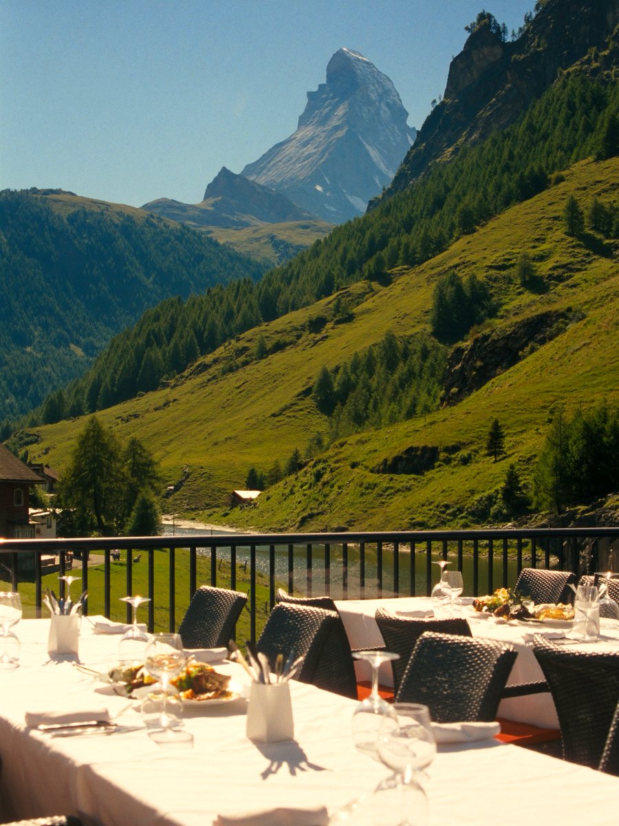 A summer terrace lunch in Zermatt beneath the Matterhorn
