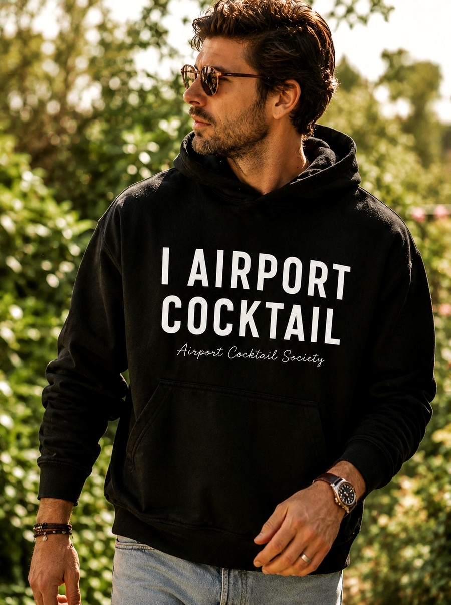 A model wearing the black I Airport Cocktail hoodie
