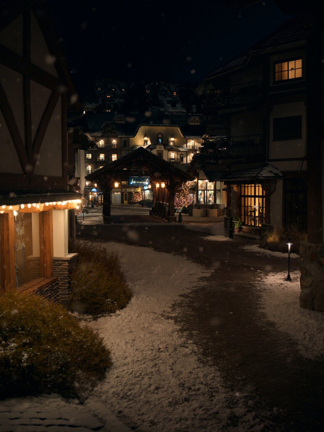 Vail Village glowing at night in winter